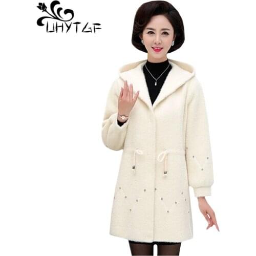 UHYTGF Knitted Cardigan womens Autumn winter coat Quality Mink Cashmere casual plus size tops outerwear Hooded elegant coats 607