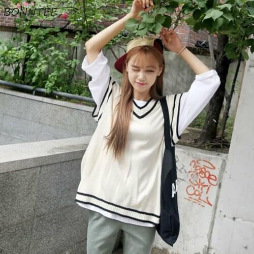 Sweater Vest Women Patchwork Leisure Striped V-neck Loose Korean Style All-match Elegant Daily Outwear Knitted Students Fashion