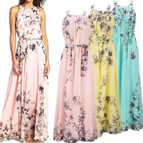 Womens dress 2019 Fashion Print Boho Floral Long Maxi Dress Sleeveless Evening Party Summer Beach Sundress O-Neck