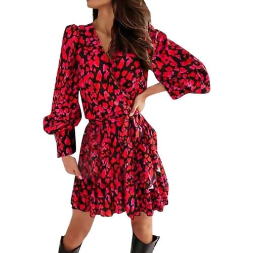 Fashion Puff Sleeves Womens V-neck Print High Waist Long Sleeve Mid Length Dress Vintage A-line Elegant Dress Beach Style Robe