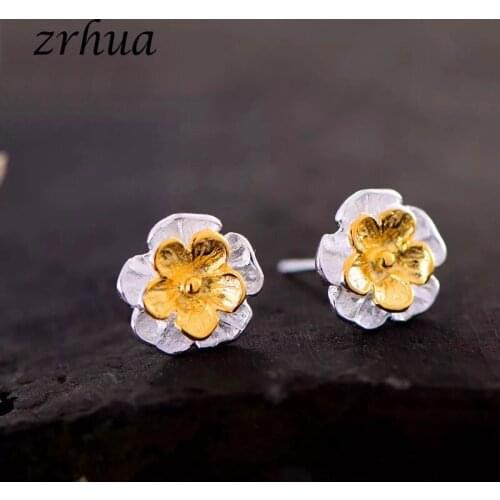 ZRHUA Stylish Elegant Double Flower Handmade Jewellery Women 925 Sliver Flower Ear Stud Earrings Girls Elegant Gifts Hot