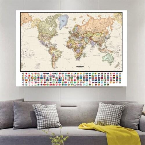225*150cm The World Political Map with National Flags Vintage Non-woven Canvas Painting Large Poster School Supplies Home Decor