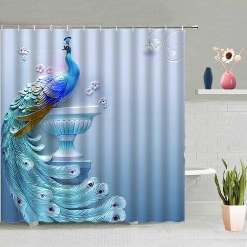 3D Stereo Peacocks Shower Curtains Modern Simple Background Decoration Bathroom Screen Bathing Curtain Washable With Hooks Set