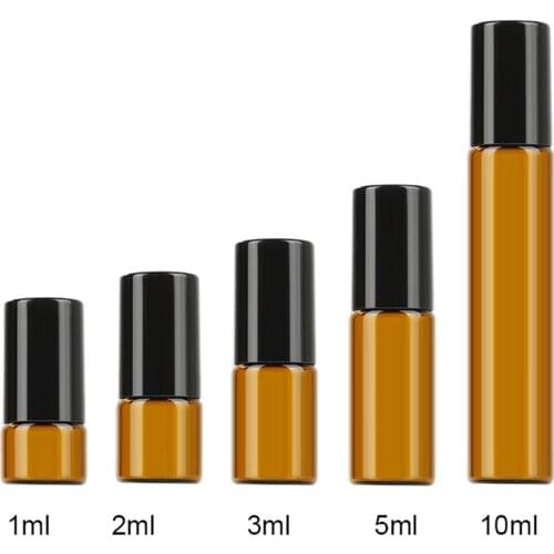 5Pcs 1ml 2ml 3ml 5ml 10ml Amber Thin Glass Roll on Bottle Sample Test Essential Oil Perfume Vials with Roller Metal Ball