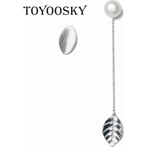 TOYOOSKY Irregular Asymmetric Dangle Earrings Real. 925 Sterling Silver Earrings Leaf Freshwater Pearl Earrings Party