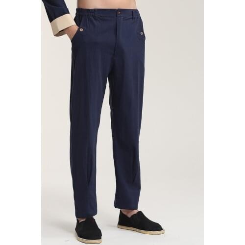 New Navy Blue Chinese Men Tai Chi Trousers Cotton Linen Kung Fu Pant Casual Loose Soft Pants With Pocket M L XL XXL XXXL