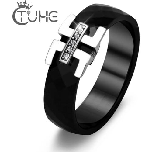 New Belt Black Ceramic Rings 6mm Section Women Finger Anniversary Ring White Cubic Zirconia Anniversary Rings Fashion Jewelry