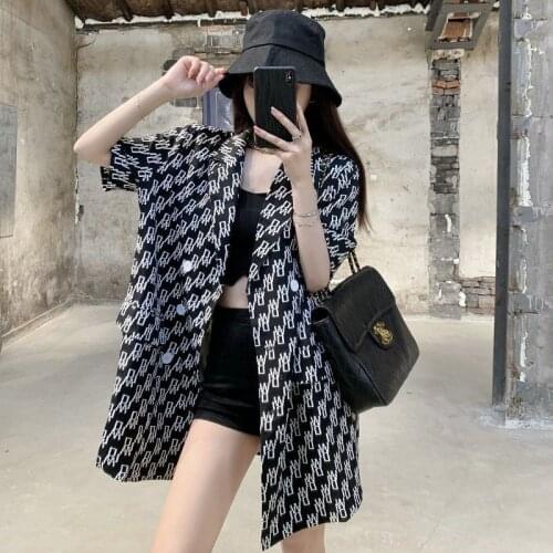 Trendy Internet Popular Summer New Korean Style Letter Print Casual Cool All-Match Short Sleeve Suit Shirt Womens Coat
