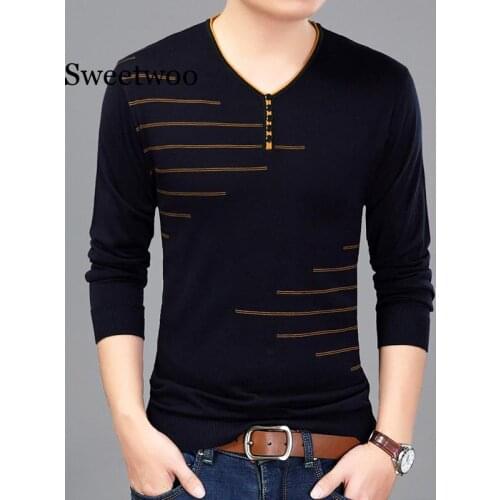 Men T Shirt Long Sleeve V-Neck T-Shirt Knitted tshirt Mens Fashion Slim Fit Brand New Tops & Tees