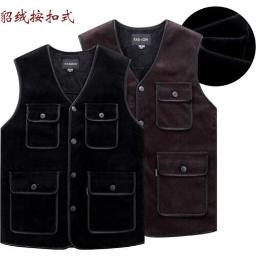 Mink velvet men vest autumn and winter multi-pocket vest men plus velvet padded vest men fleece jacket vest plus size S-4XL