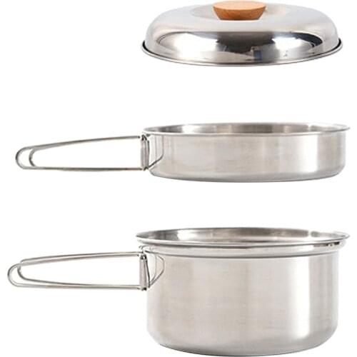 Stainless Steel Cookware Set With Lid And Folding Handles For Camping Hiking Camp Cooking Supplies