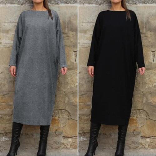 Winter Dress 2021 VONDA Autumn Sweatershirts Long Sleeve Midi Dress Female Autumn Swearshirts Femme Robe Casual Pullover Vestido