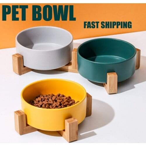 Pet Ceramic Bowl with Bamboo Stand Cat Bowl Dog Bowl Pet Drinking Bowl Food Container Cat and Dog Feeding Supplies