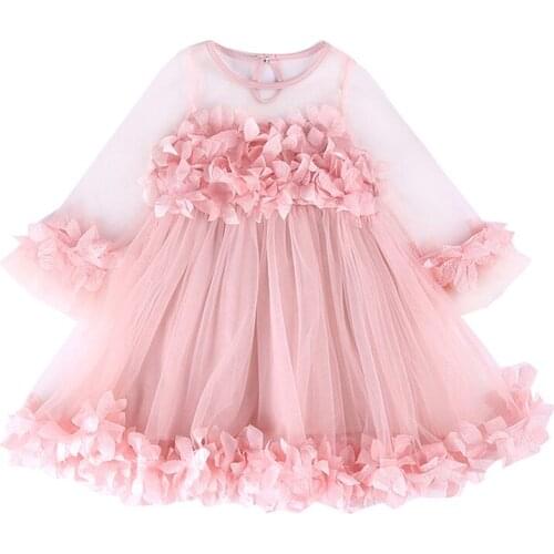ZWF242 Girls Dress Cute Pink Dress Long Sleeve Tulle Petal Dress for Girls Party Princess Dress for Baby Girls Summer Clothes