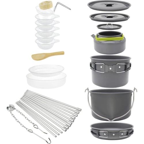 5-6 Persons Outdoor Camping Portable Cookware Utensils Tableware Hiking Picnic Tableware Kettle Pot Pan Set and Tripod