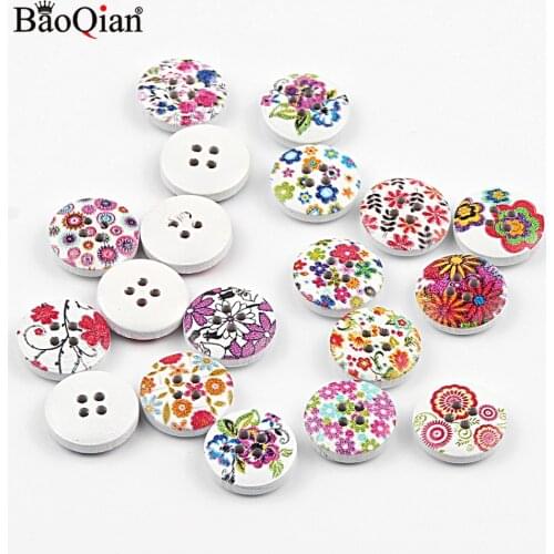 50Pcs 15mm Mixed Flower Painted Wooden Buttons For Clothing Scrapbooking Buttons Crafts DIY Needlework Sewing Accessories