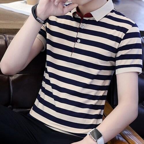 Men polo shirt short sleeve 2020 summer smart casual stripe lapel thin cotton male polo shirt teenage boy tops Korean style P12