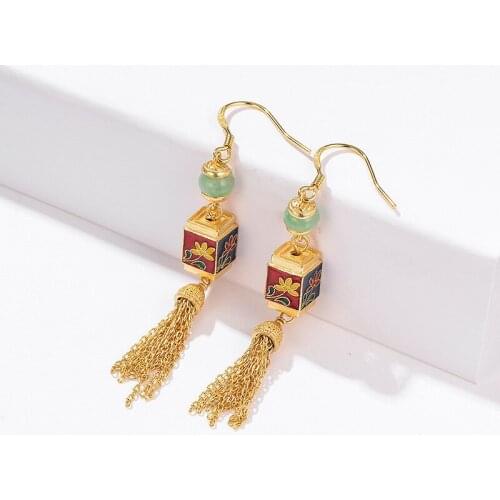 S925 silver drop oil enamel flower long tassel earrings female ancient gold-plated simple personality jewelry