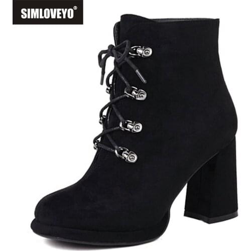 SIMLOVEYO 2021 Autumn Winter Classic Suede Square Block Heel Ankle Boots Platform Round Toe Strap Up Small Big Size 33-43 S2481