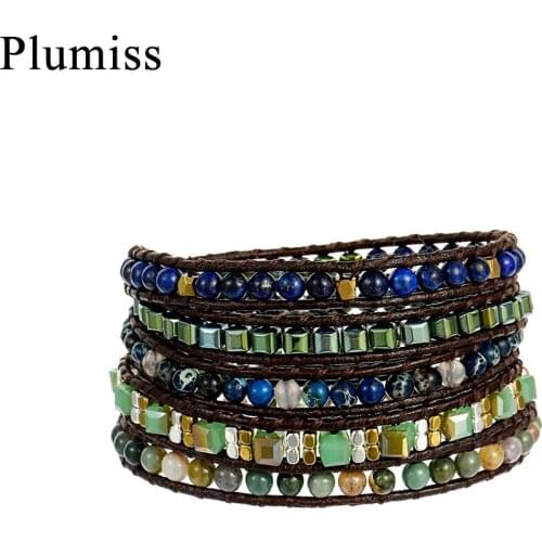Blue Green Natural Stone Leather Wrap Bracelets for Women Lapis Lazuli Crystal Agates 5 Times Strand Beaded Bracelet Jewelry