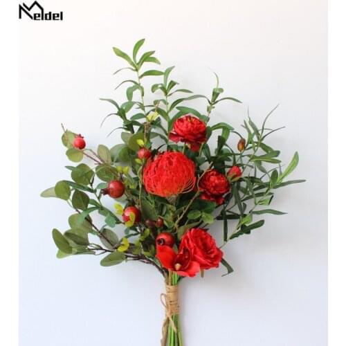 Meldel Artificial Silk Rose Flower Bride Wedding Bouquet Red Leucospermum Orchid Wedding Supplies Balloon Flower Eucalyptus Leaf