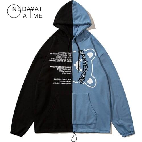 Harajuku Streetwear Hooded Sweatshirts Color Block Patchwork Print Hoodies Hip Hop Casual Fashion Pullover Loose Tops Clothing