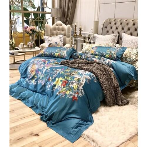 Deep Blue Bird-song Flower Printing Deluxe 4pcs Egyptian Cotton Queen Down Quilt Sheets, Bed Sheets, Pillow Covers