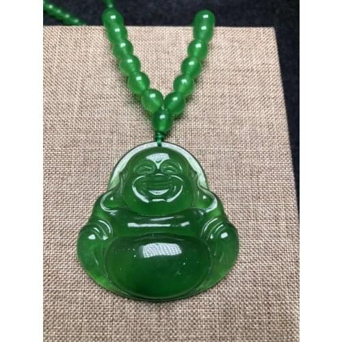 Only One ! Natural Emerald Laughing Buddha Pendant Necklace Sweater Chain Jewelry Gift Wholesale