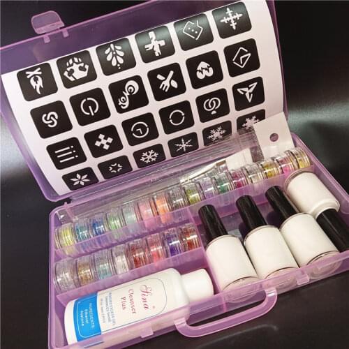 20 Colors Waterproof Glitter 1 Template Stencil 2 Brushes 2 Glues Painting Kit for Temporary Tattoo Kids Face Body Diy Nail ART