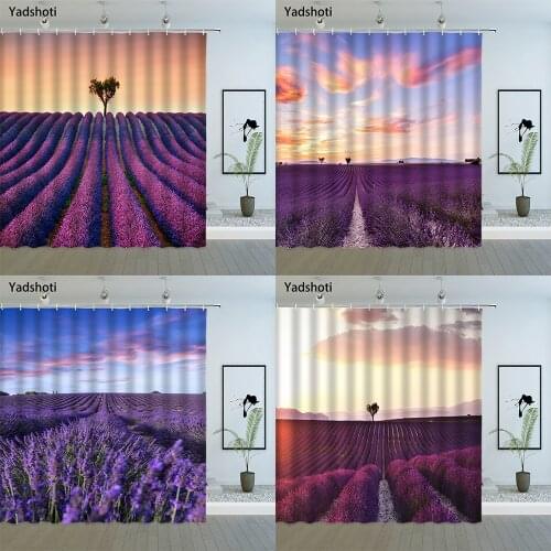 Purple Flower Shower Curtains Spring Floral Sea Natural Scenery Lavender Bathroom Decor Polyester Cloth Hanging Curtain Set
