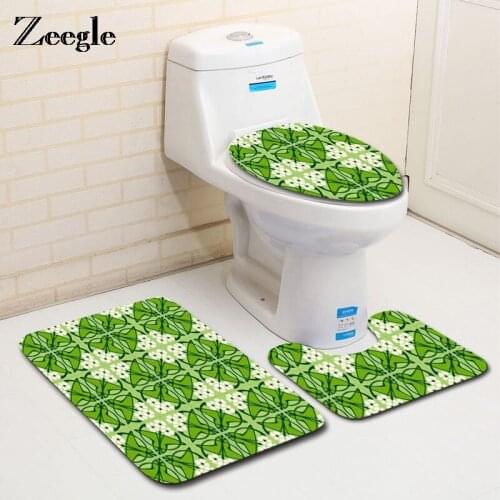 Zeegle 3PCS/SET Flannel Print Non Slip Toilet Bathroom Pad Floor Mat Rug Carpet Absorbent Pedestal Rug Lid Toilet Cover Bath Mat