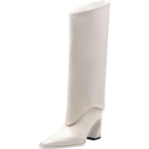 Women 2021 Patent Genuine Leather PU Autumn Winter Thigh Knee High Boots Heels Woman Ladies Shoes For Girls Pointed Toe Black