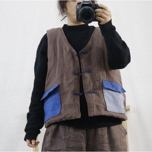 Women Padded Vests Ladies Vintage Sleeveless Cotton Linen Patchwork Waistcoat Sleeveless Tops Female Autumn Winter Vests