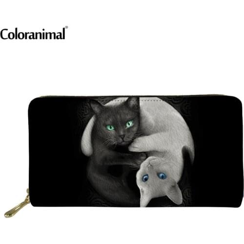 Coloranimal Portable Womens Money Purse Cute PU Black and White Cat Print Clutch Bag Credit Card Holder Long Wallets for Ladies