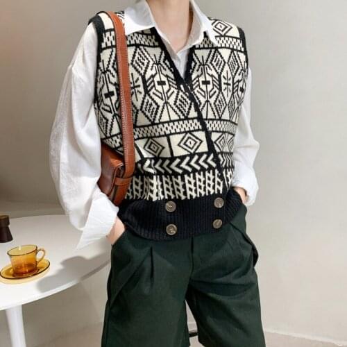 2021 Spring Vintage Knitted Cardigan Women V-Neck Korea Sleeveless Knitted Sweater Vest Jacket Top 9995
