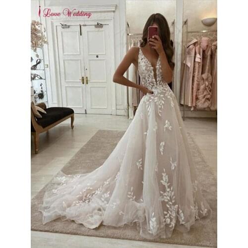 2021 Dream Romantic Lace Aplliques Long Wedding Dresses A-line V Neck Sexy Women Bridal Gowns vestidos de novia