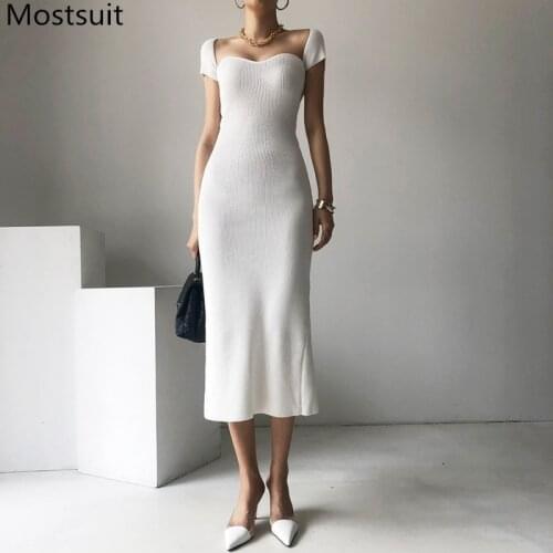 Sexy Stylish Knitted Women Long Dress Summer Short Sleeve Stretchy Slim Mid-calf Dresses Solid Korean Elegant Party Vestido 2021