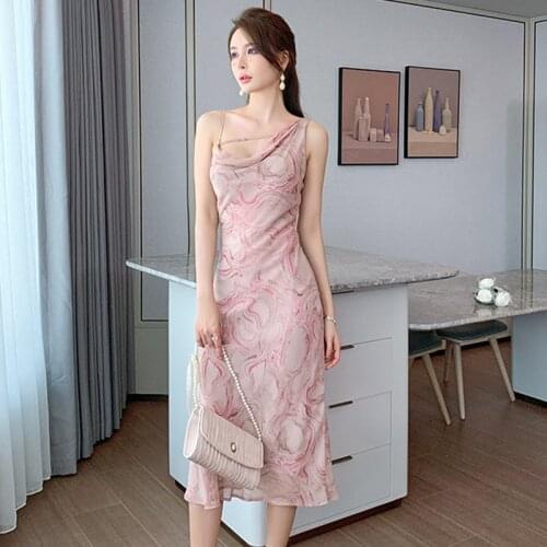 Fashion Korean Retro Sexy Swinging Collar Midi Party Club Dress Ladies Elegant Robe Casual Sleeveless Print Chiffon Beach Dress