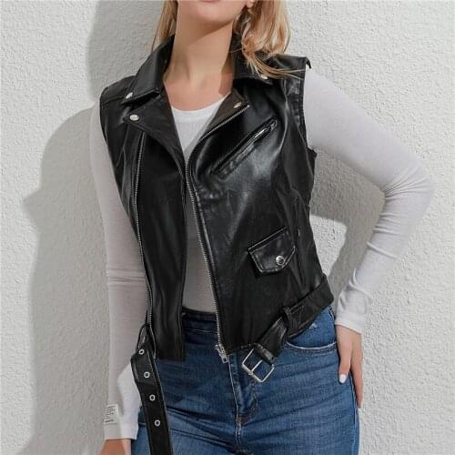 Spring Punk Waistcoat New Women Black PU Leather Motorcycle Vest Coat Sleeveless Autumn Zipper Turn Down Collar Vests