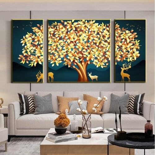 3 Panels Golden Tree Deer Wall Art Canvas Print Painting Decorative Oil Painting Abstract Poster Picture For Home Decor Unframe