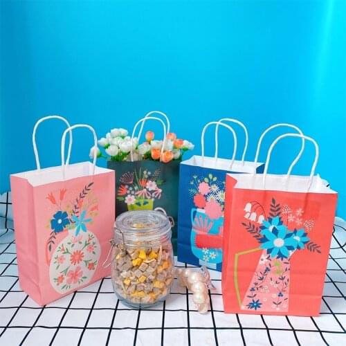 50pcs Cute Animal Flower Retro Paper Bag With Handles Wedding Candy Outer Packaging Food Gift Tote Bag 21*15*8cm Wholesale