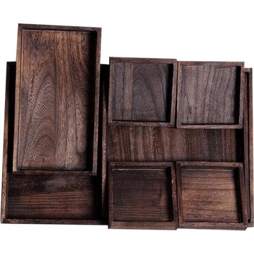 7PCS Burnt Color Vintage Wooden Tea Tray Retro Wooden Tea Set Hotel Tray Fruit Tray Dessert Plate Serving Tea Tray Set
