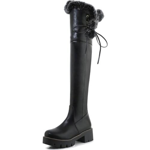 Cuffed Faux Fur Thick-Soled Over-The-Knee Boots Lace-Up Side Buckle Sweet Thick-Heeled Boots Warm And Comfortable Womens Shoes