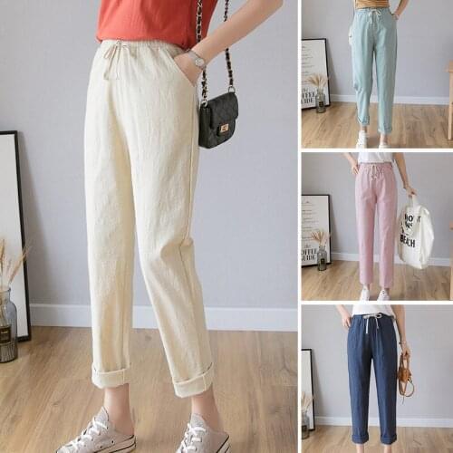 Casual CottonPants Women Summer High Waist Lace Up Cargo Pants Women Blue Harem Pants Women