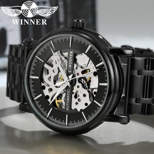 WINNER Automatic Mechanical Men Wristwatch Military Sport Male Clock Top Brand Luxury Steel Skeleton Waterproof Man Watch 031