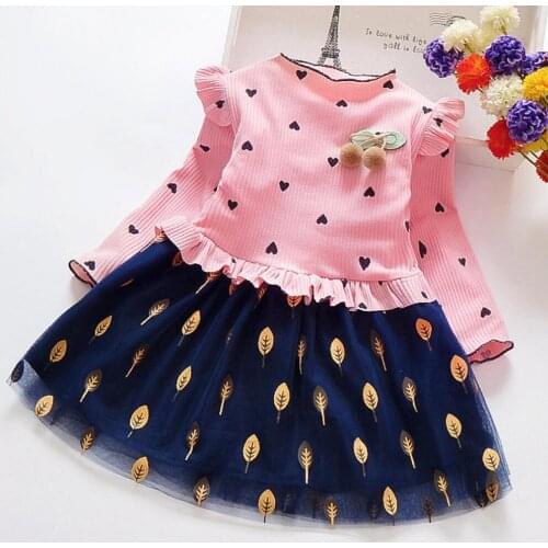 Spring Autumn Toddler Girl Dress Cotton Long Sleeve Mesh Dress Floral Bow Kids Dresses for Girls Fashion Lace Children Clothing