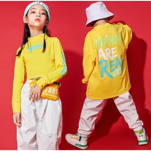 Children Hip-Hop Suit Boys Girls Kids Cheerleading Costumes Girl Jazz Dancing Street Dance Clothing Yellow Cropped Tops Outfits