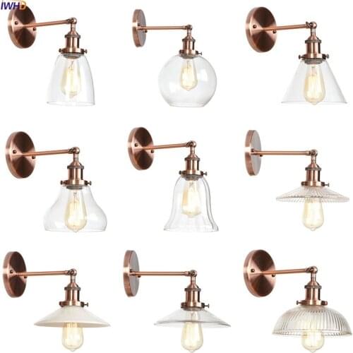IWHD American Country Glass LED Wall Light Fixtures Bedroom Mirror Stair Loft Decor Industrial Vintage Wall Lamp Sconce LED