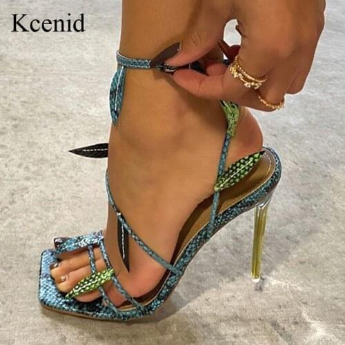 Kcenid Fashion Snake Print Leaf Design Sandals Women Open Toe Buckle Stiletto Crystal High Heels Plus Size Summer Womens Shoes