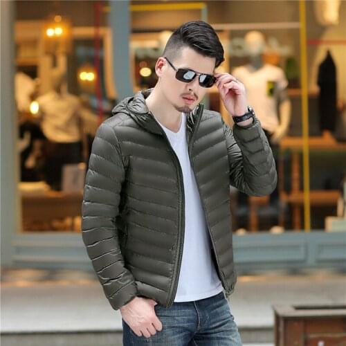 Fashionable portable thin mens down coat solid color hooded casual down jacket male winter clothing plus size mens down jacket